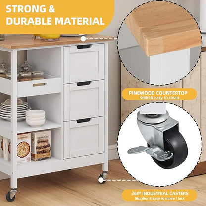 DWVO Solid Wood Top Rolling Kitchen Island Cart, 3 Tier Mobile Kitchen Storage Island Cart with 3 Drawers and 3 Opening Storage Shelves for Kitchen & Dining Area, White