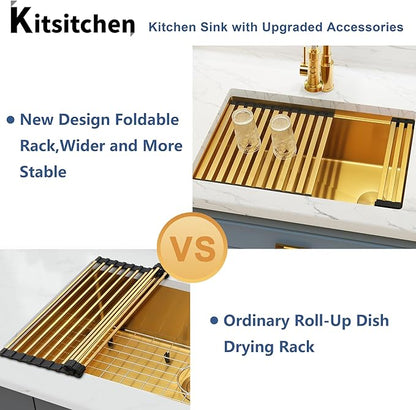 Kitsitchen 30 Inch Gold Undermount Kitchen Sink,16 Gauge Stainless Steel Under Counter Single Bowl Kitchen Sink,10 Inch Deep Workstation Sinks with Abundant Accessories & Offset Drain(30"x18"x10")
