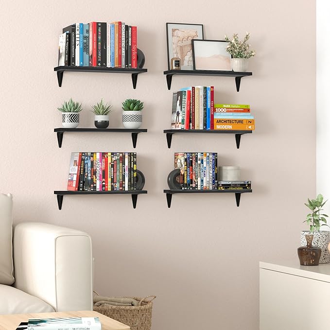 Wallniture Arras Wood Floating Shelves for Wall Storage, Small Bookshelf, Hanging Book Shelves for Living Room, Bedroom, Office, Burnt Finish, Set of 10 (Black)