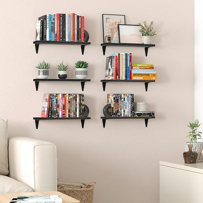 Wallniture Arras Wood Floating Shelves for Wall Storage, Small Bookshelf, Hanging Book Shelves for Living Room, Bedroom, Office, Burnt Finish, Set of 10 (Black)