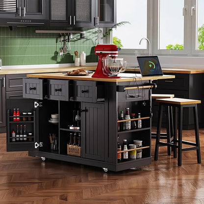 YOPTO 53" Large Kitchen Island with 2 Bar Stools,Power Outlet & Door Internal Storage Rack,Kitchen Storage Cart on 5 Wheels W/Drop Leaf,5 Open Side Racks & 3 Drawers,for Kitchen,Dining Room,Black