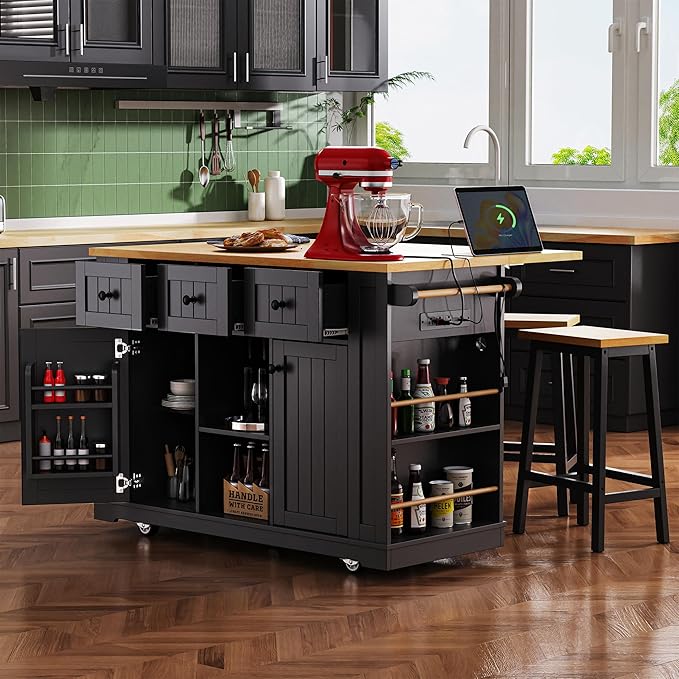 53'' Large Kitchen Island with 3 Drawers & Power Outlet & Door Internal Storage Rack & 5 Open Side Racks, Kitchen Storage Cart with 5 Wheels & Drop Leaf & 5 Open Side Racks, Black