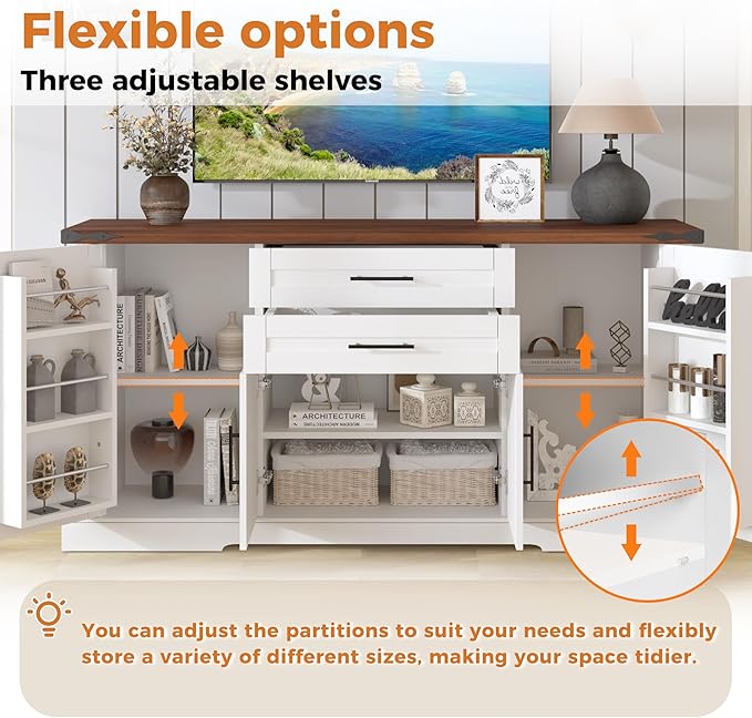 Buffet Cabinet with Storage, 63" Large Sideboard Storage Cabinet with Drawer, 4 Doors and Shelves, Modern Farmhouse Coffee Bar Table Kitchen Island Credenza for Kitchen, Dining, Living Room (White)