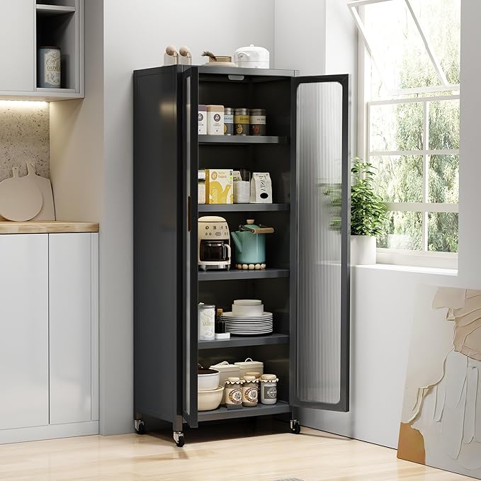 67.3" Kitchen Pantry Storage Cabinet with Acrylic Glass Door, Adjustable Shelves & Wheels,Metal Tall Food Pantries Cabinets,for Kitchen, Living Room and Dining Room, Gray