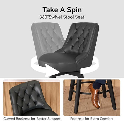 Vipbear Swivel Bar Stools Set of 2, Updated Thickened Faux Leather Counter Height Barstools with Backs, Solid Wood Legs, 26" Modern Bar Height Stools for Kitchen Island, Dining Room, Black Seat