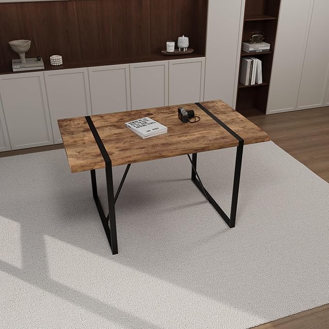 55" Stain-Resistant Dining Table, Kitchen Table with Metal Legs, Dinner Tables with Stable Frame for Dining Room & Living Space, Wood