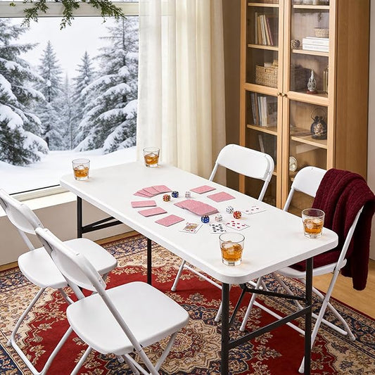 4ft Folding Table, Heavy Duty Plastic Card Table with Foldable Steel Legs, Metal Frame Support up to 400 lb, Portable for Indoor, Outdoor, Picnic, Camping, Dining, Party, White
