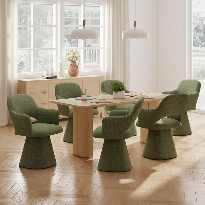 Green Modern Swivel Dining Chairs Set of 6, Upholstered Chenille Dining Room Chairs with Curved High Back, Comfy Side Armchair for Kitchen Reception Bedroom