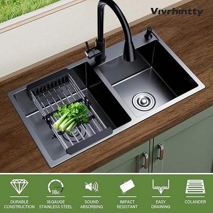 30-inch Black Kitchen Sink, Double Bowl Drop-in/Top-Mount 304 Stainless Steel with Nano Coating, Includes Drain Assembly & Fruit Basket for Modern Kitchen (30.7" x 16.9")