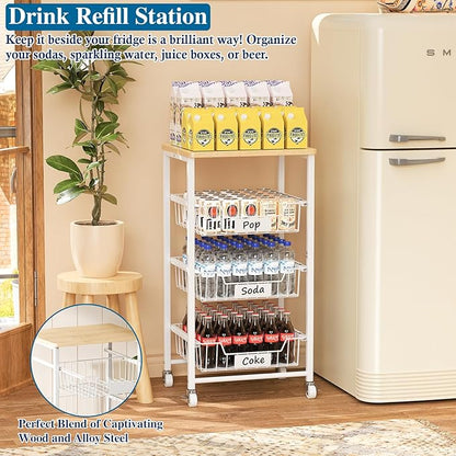 OKZEST 4-Tier Small Kitchen Storage Cart on Wheels with Pull-Out Drawers, Rolling Pantry and Snack Organizer Cart with Wood Top, Kitchen Floor Fruit Basket Stand for Fruit Potato Onion Veggie Snack
