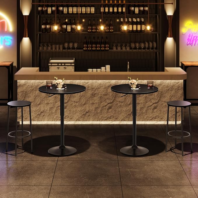HOOBRO 2 Pcs Bar Table, Height-Adjustable Round Pub Table 27-35.4 Inches with Sturdy Base, Modern Style Bar Table Easy Assembly with Metal Base for Pub, Party and Small Places, Black BK58BTP201G1