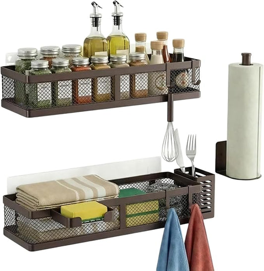 PUSDON 5-in-1 16.5" Extra Long Slim Wall Mount Wrapped Mesh Kitchen Organizer & Shower Caddy Kit, with Paper Towel Holder, Utensil Holder, Soap Dish, Holds 50LBS - Vintage Bronze, Netting