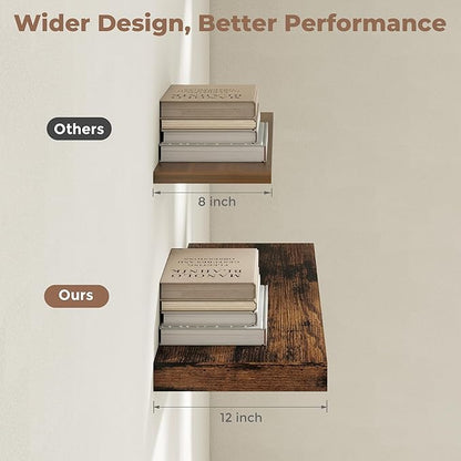 12" Deep Floating Shelves for Wall with Invisible Brackets, Wall Mounted Engineered Wood Shelves with Wood Grain for Living Room, Bedroom, Kitchen Decor and Storage, 48"L Set of 1, Rustic Brown
