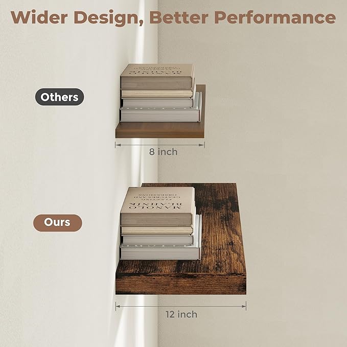 12" Deep Floating Shelves for Wall with Invisible Brackets, Wall Mounted Engineered Wood Shelves with Wood Grain for Living Room, Bedroom, Kitchen Decor and Storage, 72"L Set of 1, Rustic Brown