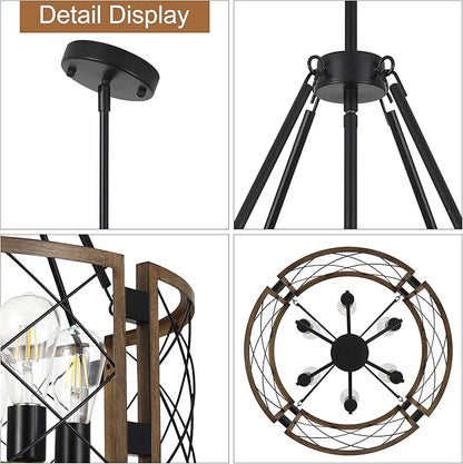 Sigaitwei 6-Light Large Farmhouse Chandelier Brown Rustic Chandelier for Dining Room Wood Texture Adjustable Pendant Light,Drum Chandelier for Kitchen Island Entryway Bedroom Hallway,21.7'',E26.