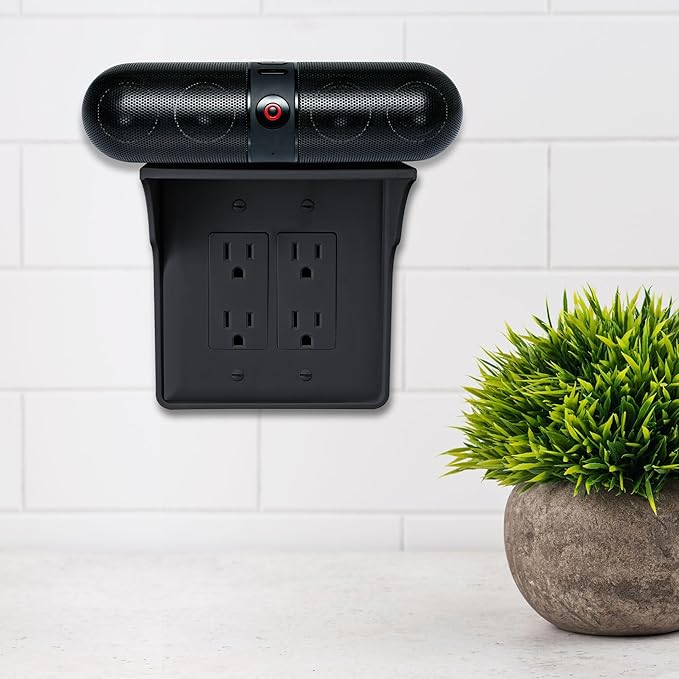 Storage Theory Power Perch Double Wall Outlet Shelf - Declutter & Reclaim Bathroom Counter Space - Alexa Stand, Apple Homepod Shelf, Toothbrush Holders Wall Mounted - Black, 2-Pack