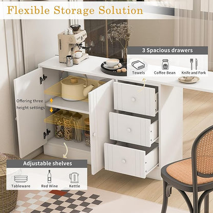 JIJIWANG 89.7'' Wooden Sideboard with Extendable Table,Multifunctional Storage Kitchen Island with 2 Doors and 3 Drawers,for Living Room,Study,Foyer and Kitchen, White