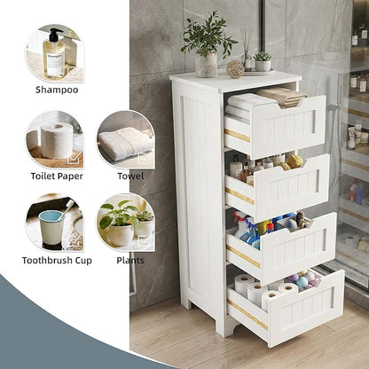 Casaphoria Skinny Bathroom Floor Storage Cabinet, 4-Drawer Narrow Freestanding Tower Cabinet with Anti-Tip Kit, Space-Saving Wooden Organizer for Small Spaces, White