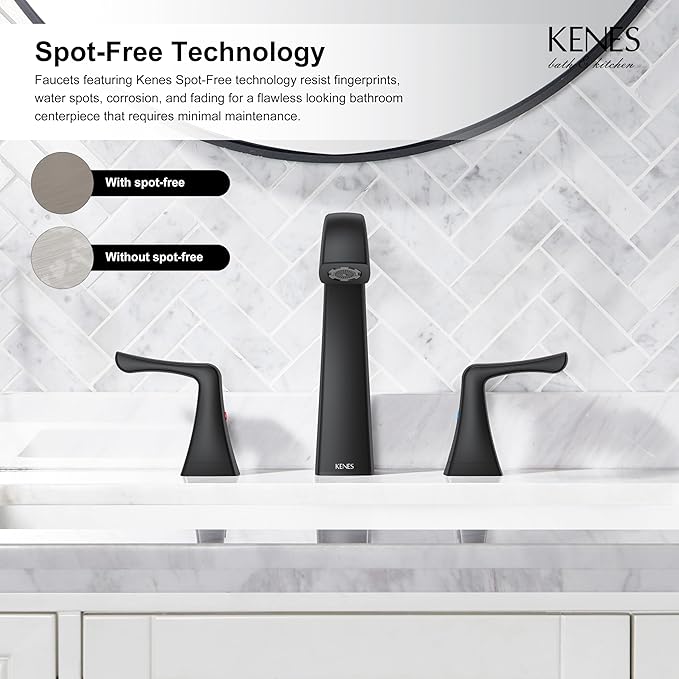 KENES Black Bathroom Faucets for Sink 3 Hole, Matte Black 8 Inch 2 Handle Widespread Bathroom Faucet, Bathroom Vanity Faucet with Pop Up Drain & Supply Lines, LJ-9075-2