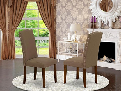 East West Furniture ENP3T18 Encinal Parson Dining Chairs - Nailhead Trim Dark Coffee Linen Fabric Upholstered Chairs, Set of 2, Mahogany