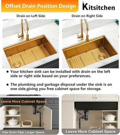 Kitsitchen Gold Undermount Kitchen Sink,16 Gauge SUS304 Stainless Steel Workstation Sink with Accessories, 28 Inch Single Bowl Kitchen Sinks with Round Corner & Offset Drain Design(28" X 18"X 10")