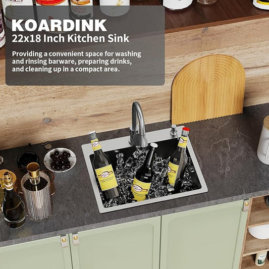 Kitchen And Bar Sink, 22x18 Inch Stainless Steel Drop In Kitchen Sink Modern Single Bowl Topmount Bar Sink Combo-Silicon Mat,Drain Strainer Set Compatibility With Various Kitchen & Bar Style