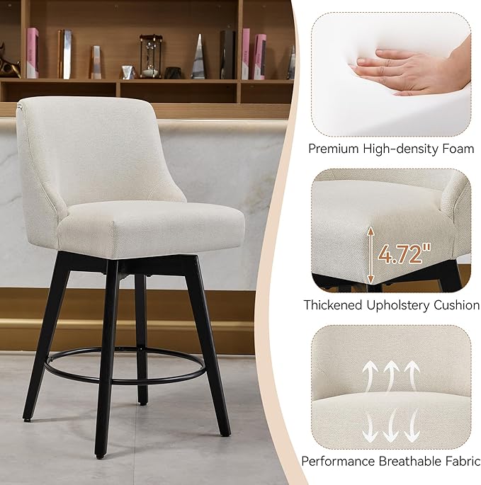 Vipbear Counter Height Bar Stools Set of 3, 26" H Swivel Bar Stools with Backs, Linen Fabric Upholstered Bar Chairs with Solid Wood Legs for Kitchen Island, Dining Room, Home Bar, White