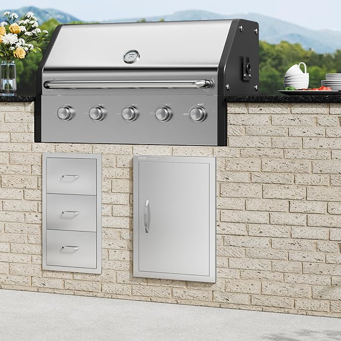 VEVOR BBQ Access Door, 18W x 24H Inch Single Outdoor Kitchen, Stainless Steel Flush Mount, Wall Vertical With Handle, for BBQ Island, Grilling Station, Outside Cabinet