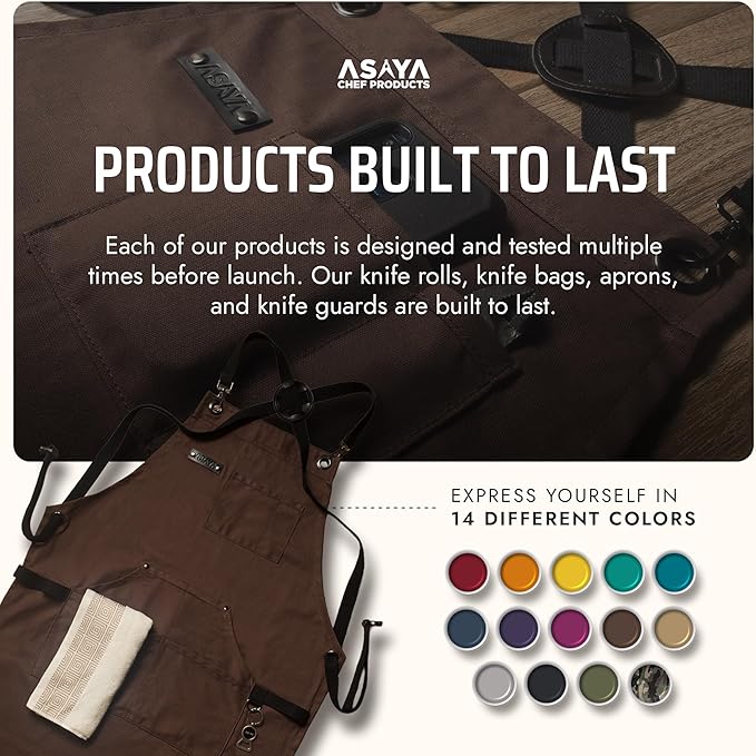 Asaya Chef and BBQ Apron with Bottle Opener and Hand Towel - 10oz Cotton Canvas, Stainless Steel Hardware - Cross Back Straps