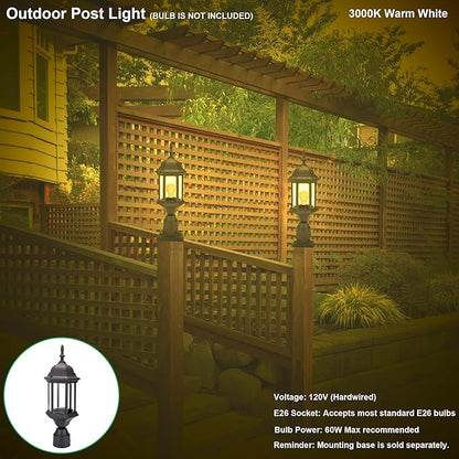 LIT-PaTH Outdoor Post Lighting Fixture Pole Lantern, E26 Medium Base Max 60W, Aluminum Housing Plus Glass, 1-Pack, Black Finish