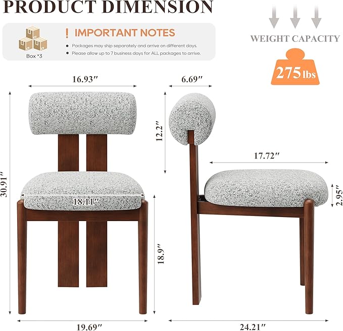 MALOL Modern Wooden Dining Chairs Set of 6, Upholstered Fabric Kitchen Chairs with Sculptural Backrest, Mid-Century Farmhouse Dining Room Chairs with Solid Wood Legs, Light Grey