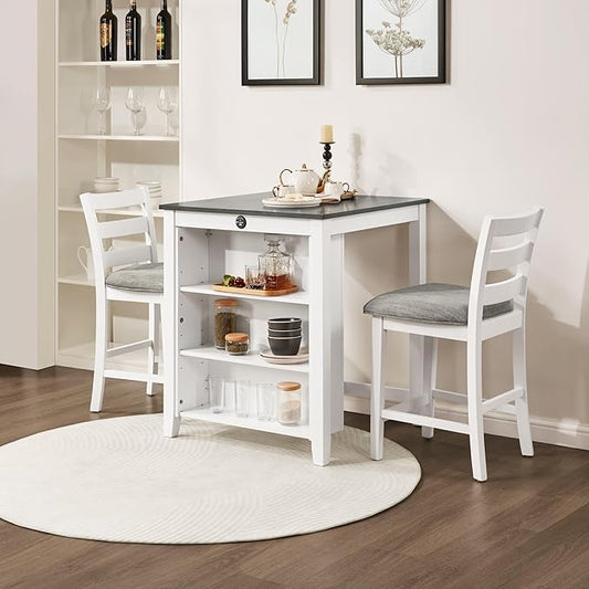 Bar Table Set with Charging Station & 3-Tier Storage, Space-Saving Dining Table Set for 2 with Upholstered Chairs, Small Kitchen Island for Apartment (36 Inch+Off White)