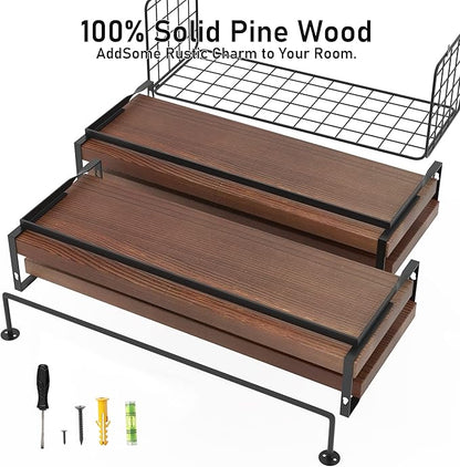Wood Floating Shelves Wall Mounted - 4+1 Tier Rustic Bathroom Wall Shelves Over Toilet with Wire Storage Basket and Towel Bar, Set of 4 Farmhouse Floating Shelf for Bathroom, Kitchen, Bedroom.
