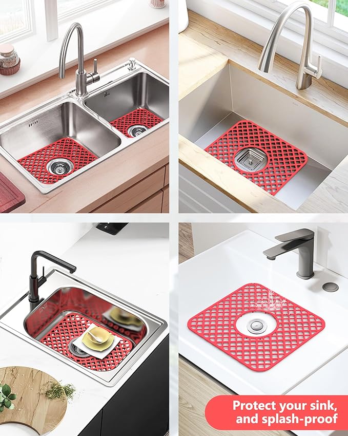 2 Pack Silicone Sink Protector for Kitchen Sink, Trellis Pattern 12 x 11" Sink Grid Mat Silicone Protectors, Center Drain, Red