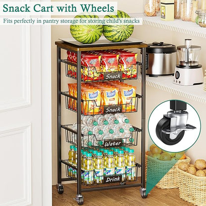 XYZLVSI Kitchen Storage Cart with Wheels, 5-Tier Metal Utility Rolling Cart Fruit Vegetable Storage Basket Pantry Rack with Wood Top & Pull Out Baskets for Kitchen, Livingroom, Diningroom, Office