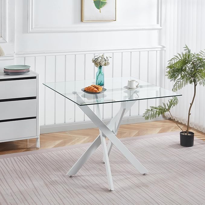 Square Glass Dining Table,Glass Dining Room Table with Metal Legs, Modern Glass Kitchen Table for Home, Kitchen, Dining Room
