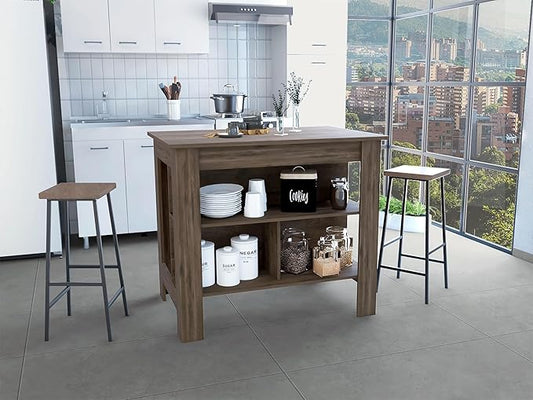 GOWE Depot E-Shop Delos Kitchen Island, Four Legs, Three Shelves, Dark Brown