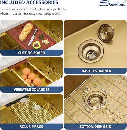 Sarlai 30 Inch Gold Undermount Kitchen Sink - 30" x18" Kitchen Sink Ledge Workstation 16 Gauge Gold Stainless Steel Deep Single Bowl Under Counter Rectangular Kitchen Sinks Basin