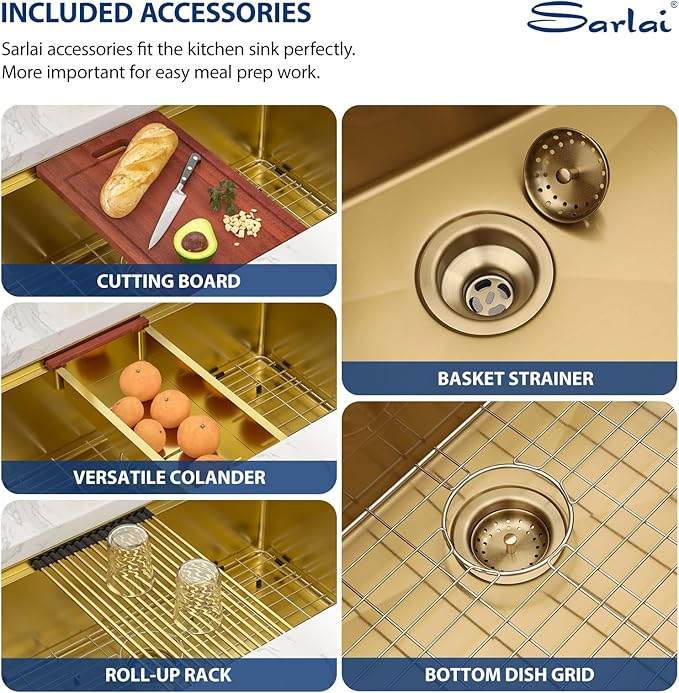 Sarlai 32 Gold Undermount Kitchen Sink - 32" x19" Kitchen Sink Ledge Workstation 16 Gauge Gold Stainless Steel Deep Single Bowl Under Counter Rectangular Sinks Basin