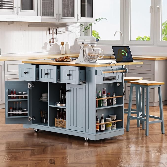 Large Kitchen Island with 2 Bar Stools, Power Outlet,Door Internal Storage Rack, Kitchen Storage Cart on 5 Wheels with Drop Leaf, 5 Open Side Racks,3 Drawers, for Kitchen,Dining Room (Grey-Blue@07)