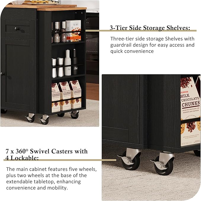 JIJIWANG 85.5" Kitchen Island with Extendable Dining Table for 4-6, Kitchen Storage Table with Cabinets and 3 Side Open Shelves, Rolling Island with Power Outlet, 3 Drawers and 2 Doors Black