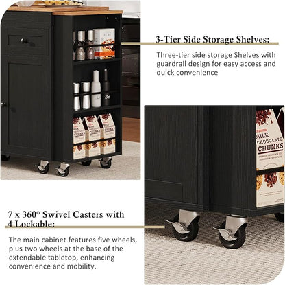 JIJIWANG 85.5" Kitchen Island with Extendable Dining Table for 4-6, Kitchen Storage Table with Cabinets and 3 Side Open Shelves, Rolling Island with Power Outlet, 3 Drawers and 2 Doors Black