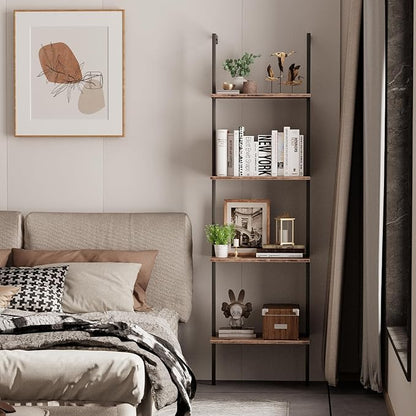 Wolawu Ladder Shelf 4 Tiers Metal Industrial Bookshelf,Brown Wood Tall Open Storage Rack and Display Shelves,Wall Mount Wide Book Case for Home Office Bedroom,Small
