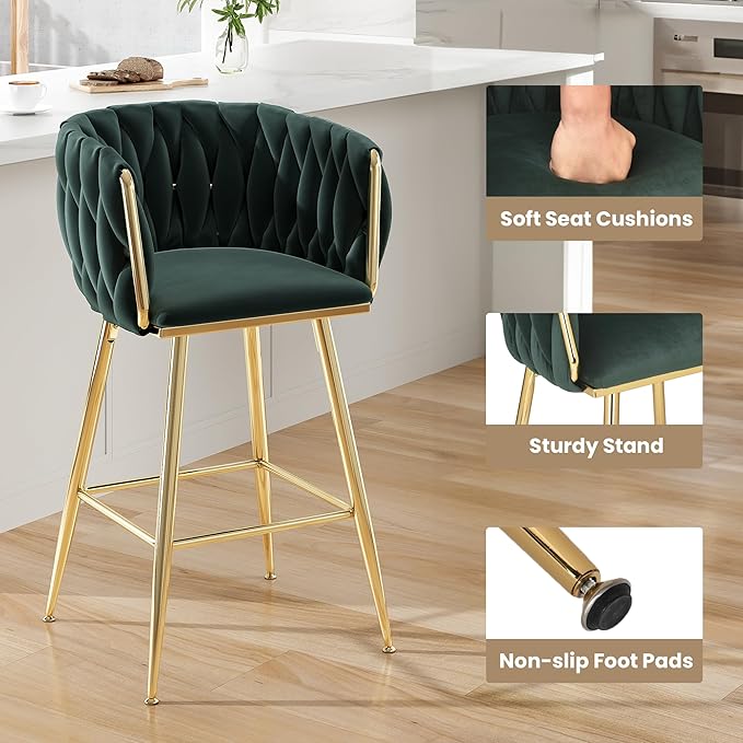 Counter Height Bar Stools Set of 2, 26 Inch Kitchen Island Stools with Backs Metal Legs