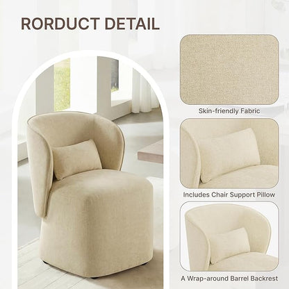 KISLOT Upholstered Dining Chairs with Wheels, Easy Assembly Stain Resistant Fabric Modern Barrel Armchair with Lumbar Cushion, Dining Room Chairs for Kitchen Living Room Bedroom, Sand, Set of 2