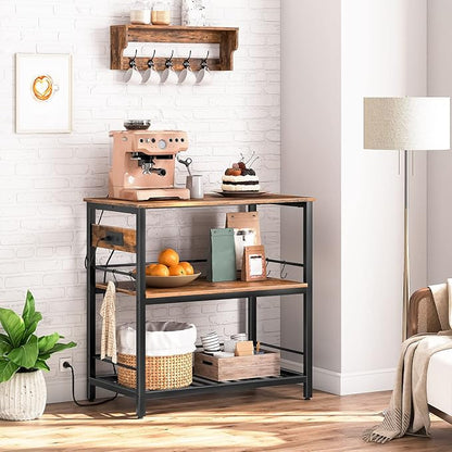 HOOBRO Kitchen Island with Storage, Kitchen Island Table with Power Outlet, 35.4" L 3 Tier Coffee Station and Microwave Stand, for Home, Dining Room, Rustic Brown and Black BF021ZD01