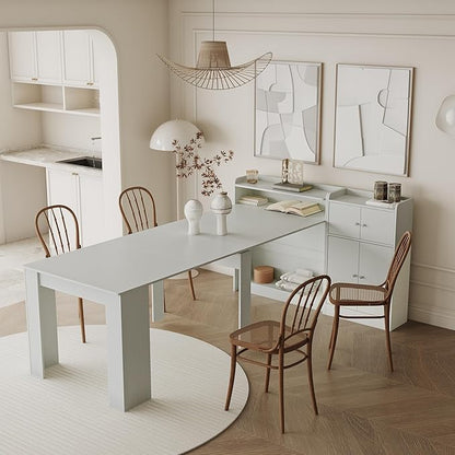 98.4" Wood Extendable Console Dining Table for 6 8 9, 3 in 1 Modern Farmhouse Rectangular Expandable Folding Dinner Table with Storage for Kitchen Dining Room Living Room, Small Space White