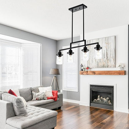 4-Light Dining Room Light Fixture, Linear Kitchen Island Lighting Black Chandelier Farmhouse Pendant Lighting for Kitchen Island Dining Table Living Room, Height Adjustable