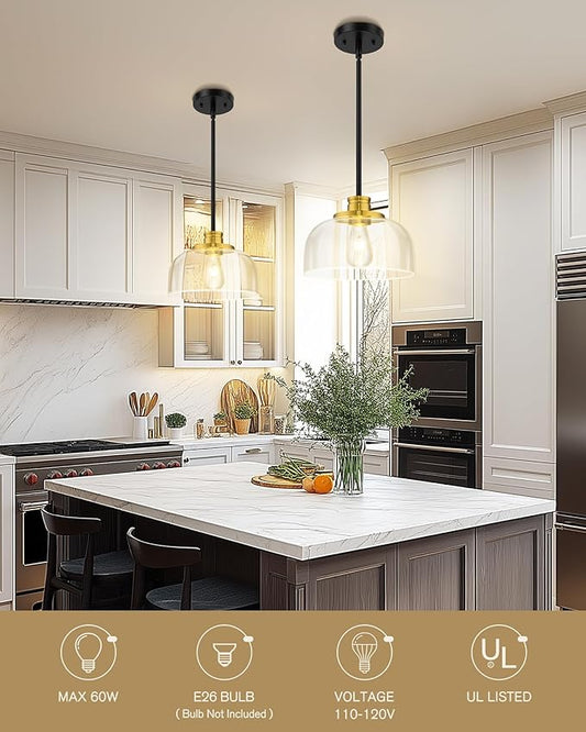 Emak Black and Gold Pendant Lights, 10 Inch Large Pendant Light Fixtures with Clear Glass Shade, Modern Farmhouse Island Lights for Kitchen, Dining Room, Bathroom, Bar, PL131-BKBGD-CG