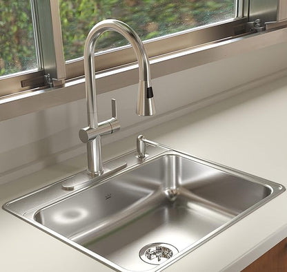 Kindred Creemore 25-in LR x 22-in FB x 8-in DP Drop In Single Bowl 4-Hole Stainless Steel Kitchen Sink, CSLA2522-8-4CBN